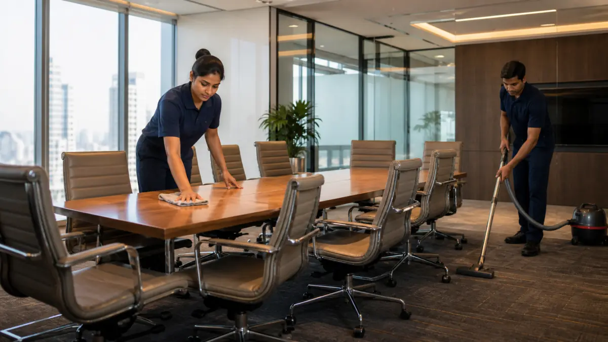 Professional team cleaning a modern office meeting room